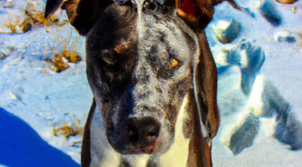 Australian Shepherd Pitbull Mix standing in the snow