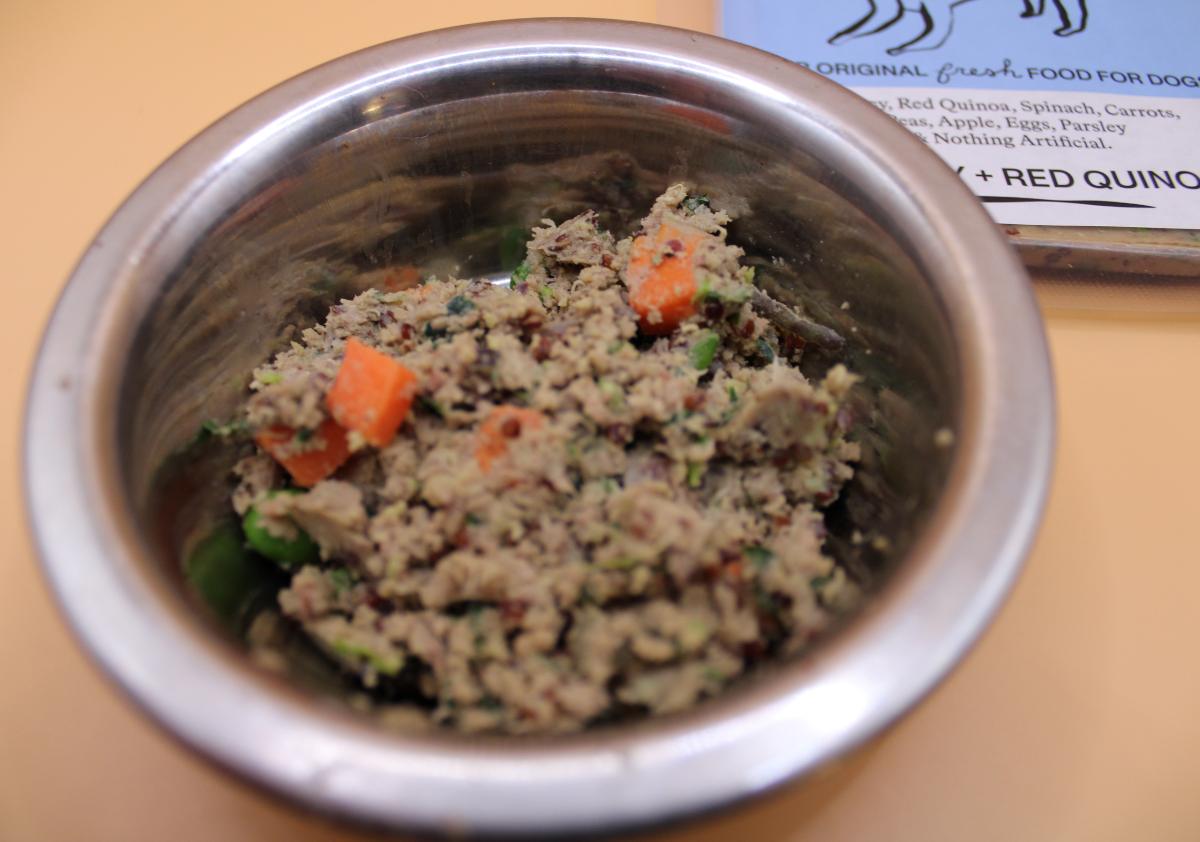 Bowl of Spot & Tango beef recipe in a dog bowl up close