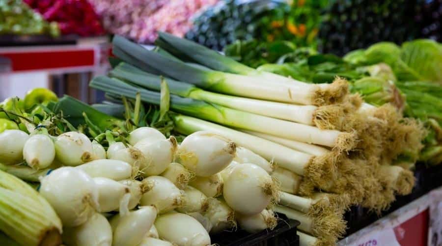 Bundles of raw leeks and onions