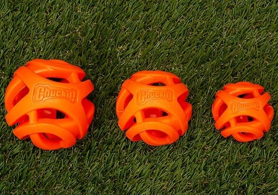 Chuckit! Breath Right dog tennis ball small, medium and large compared side by side