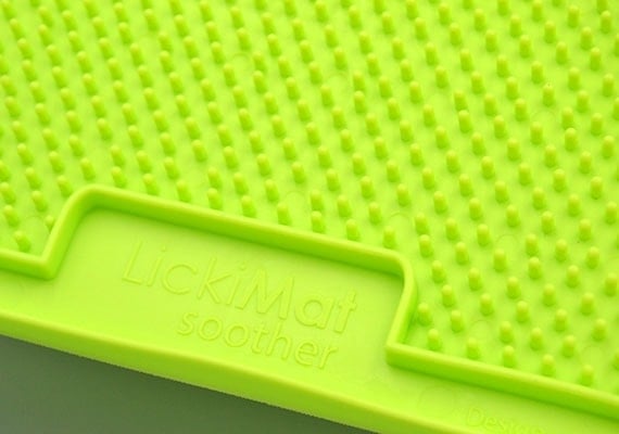 Close up on bumpy texture of green Lickimat Soother lick mat