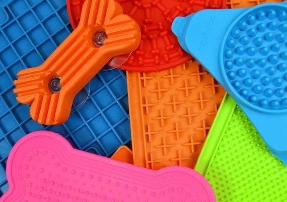 Close up on dog lick mats ready to be tested and reviewed