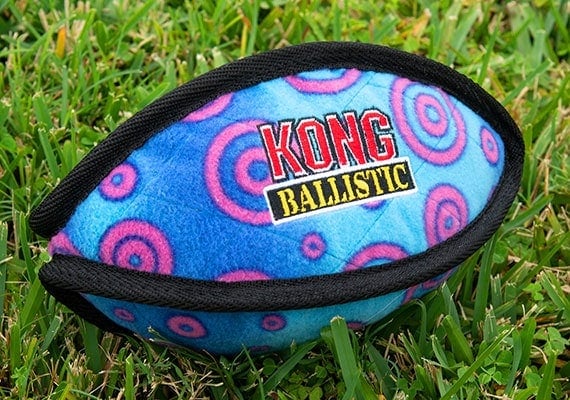 Close up on kong ballistic plush dog football sitting in grass
