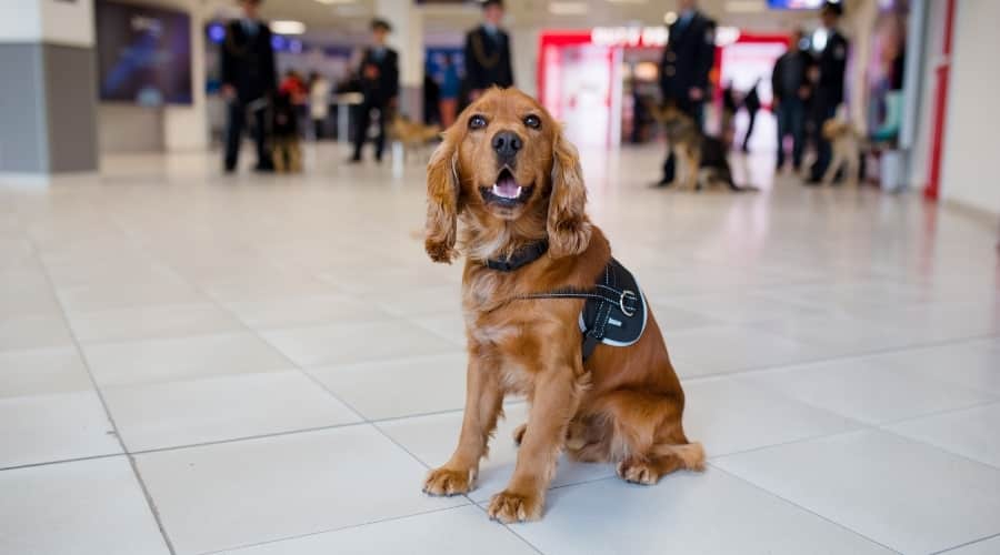 Dog with shiny coat working security.