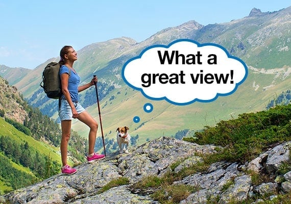 Dog and woman admiring view after reaching the top of a mountain hike