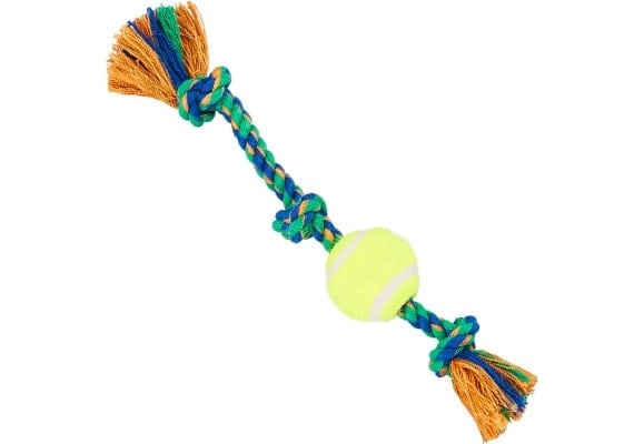 Dog rope toy with tennis ball attached for games of fetch