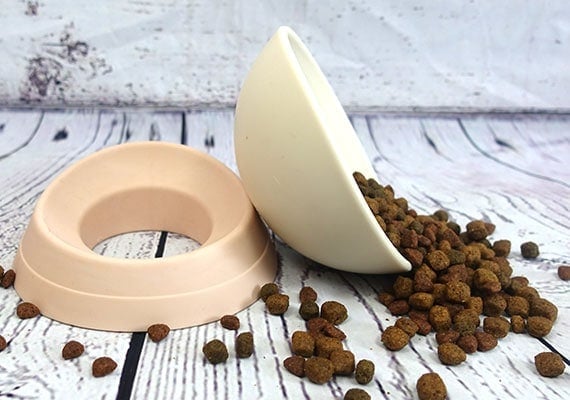 Flat-faced dog bowl with spilled kibble on floor.