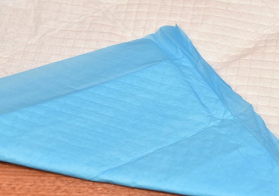 Frisco training and potty pads folded over to reveal blue plastic liner on underside - winner of best budget pee pads for dogs