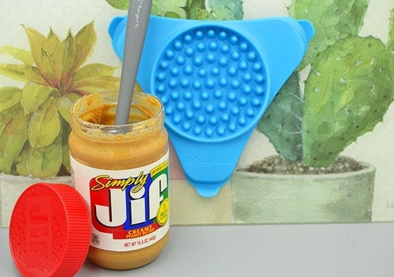 Getting ready to apply peanut butter with a spatula to a blue lickmat stuck on wall