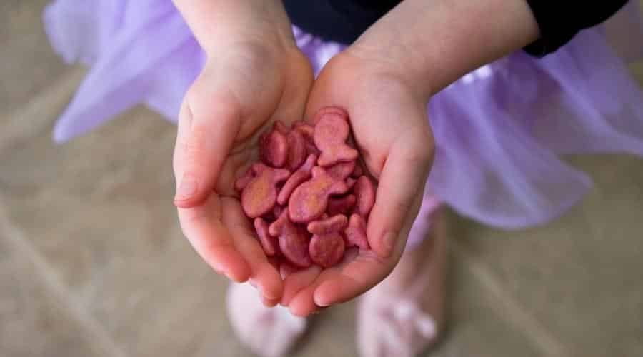 Girl holding handful of colored Goldfish