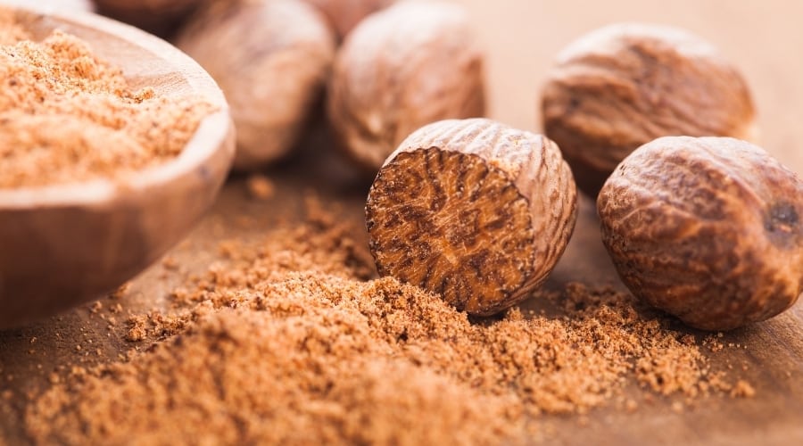 Ground nutmeg and nutmeg shells.