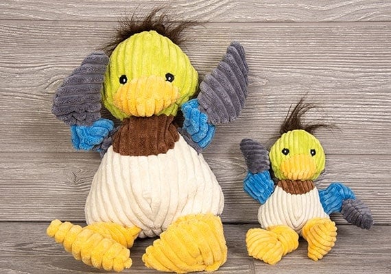 HuggleHounds plush corduroy durable knotties duck plush toy big and small compared side by side