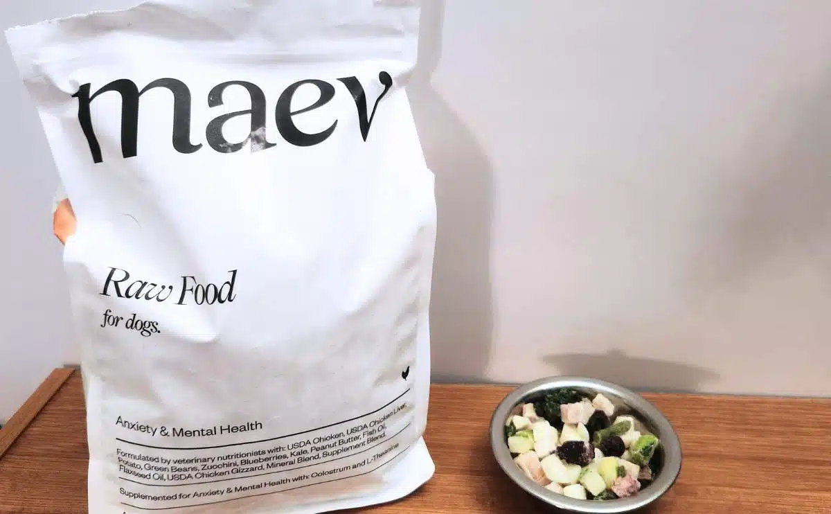 Maev dog food package and bowl of raw food