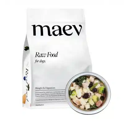 Maev raw dog food bag and bowl of food