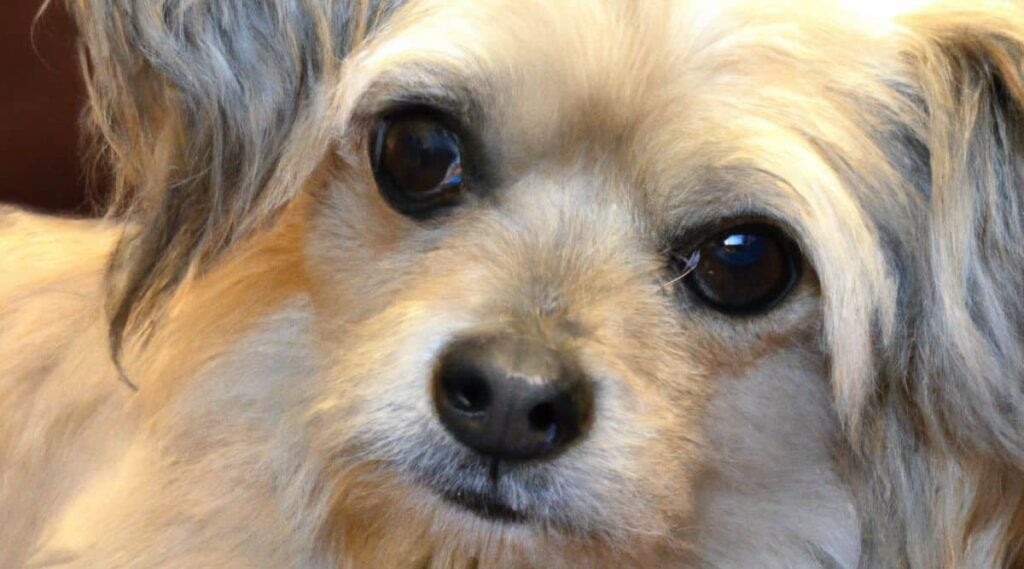 Maltese Papillon Mix rescue face up close