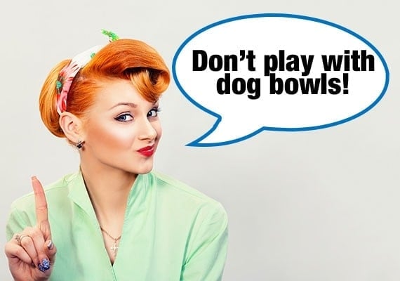 Mom warning baby not to play with dog bowls