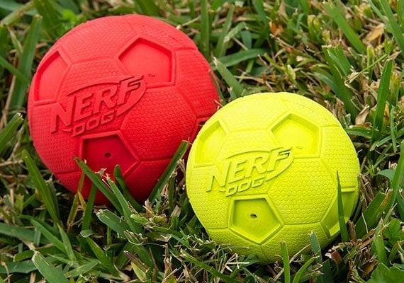 Nerf Squeaky rubber dog soccer ball sitting in grass