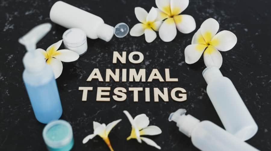 No Animal Testing text with bottles and flowers.