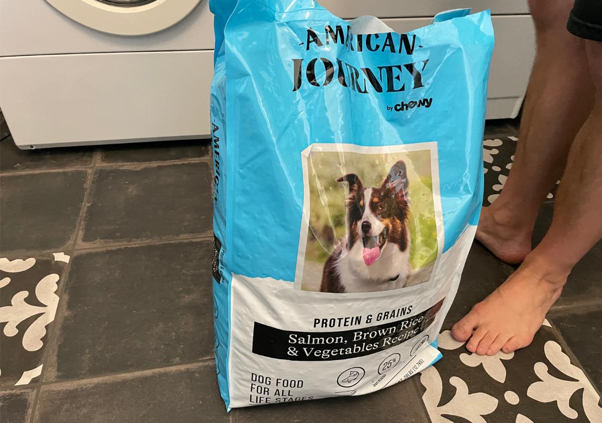 Person standing next to Ameriacn Journey dog food bag on the ground.