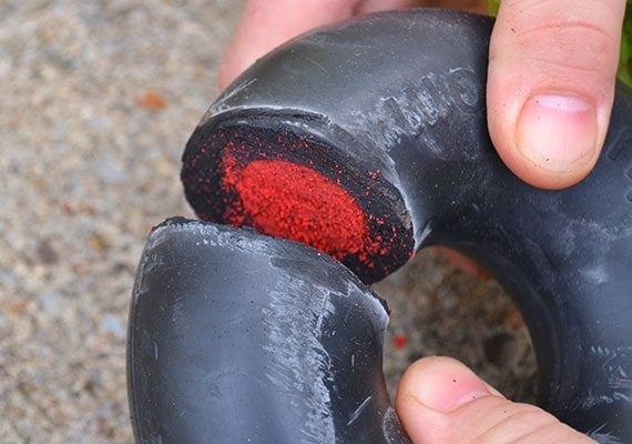 Red safety core in the middle of goughnuts rubber chew ring for dogs
