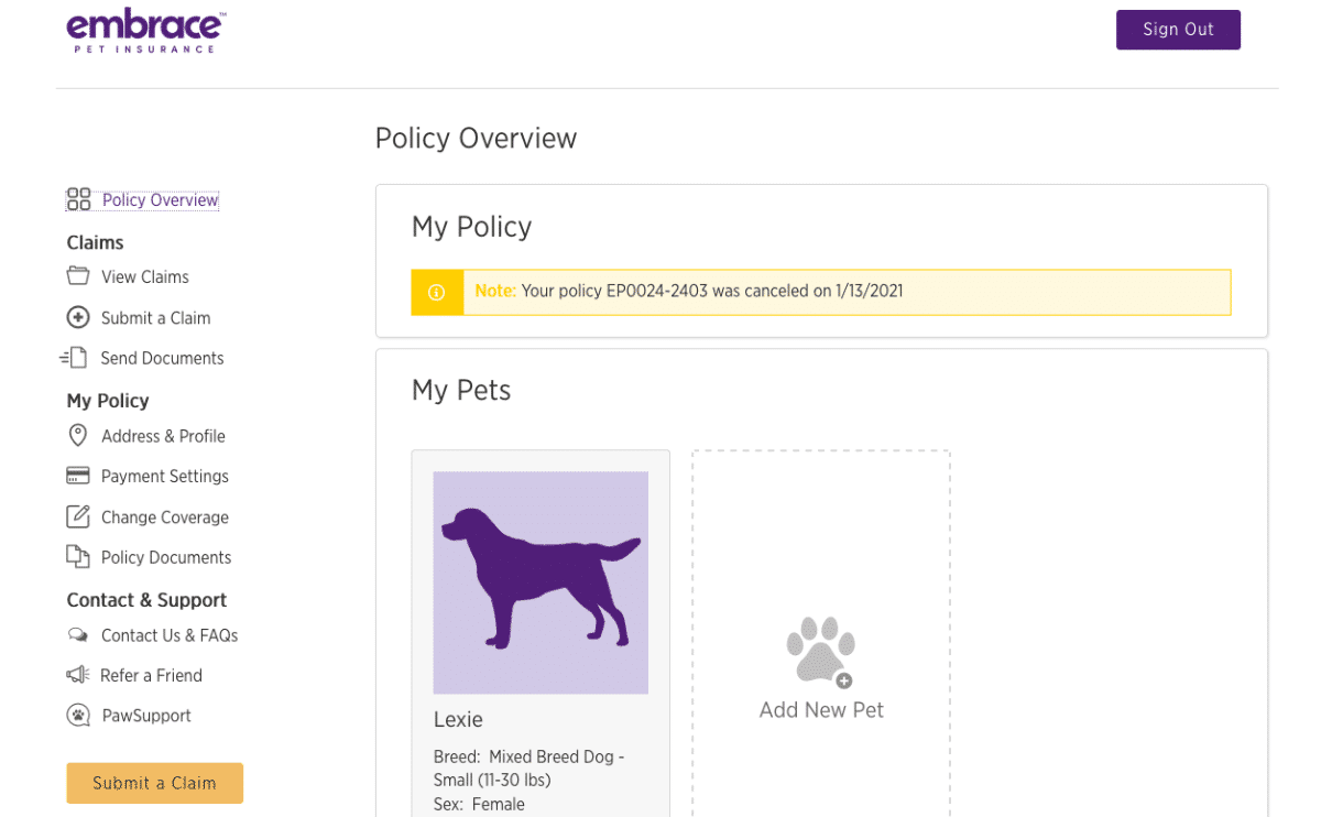 Screenshot of Embrace pet insurance dashboard showing cancelled policy png