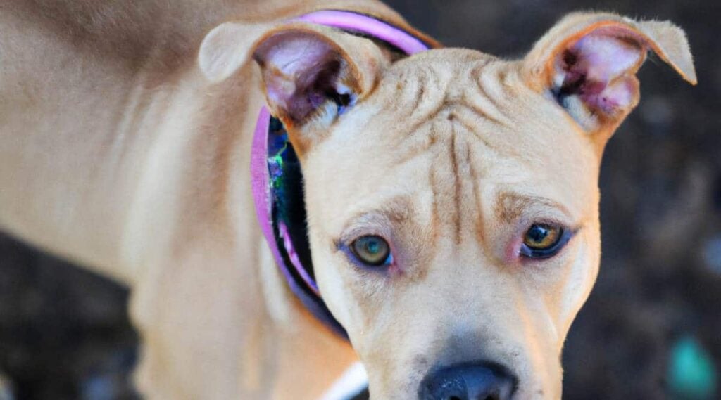 Shar-Pei Pitbull Mix face up close.