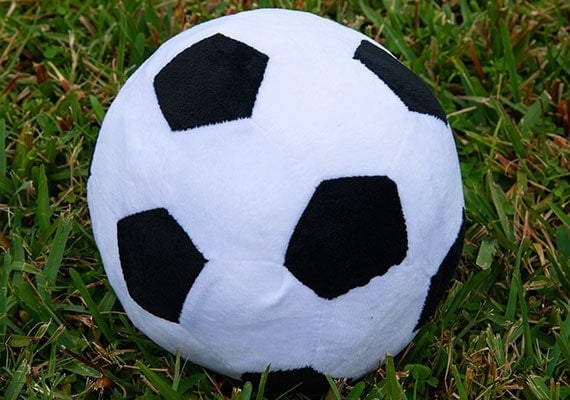 Soccer ball pillow for dogs sitting in grass