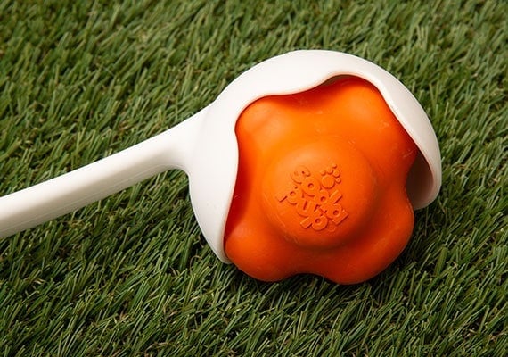 SodaPup Crazy Bounce best erratic dog ball sitting in scoop of ball thrower