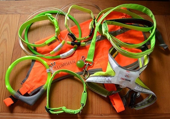 Some of the different LED dog collars, leashes, harnesses and vests that we tested and reviewed