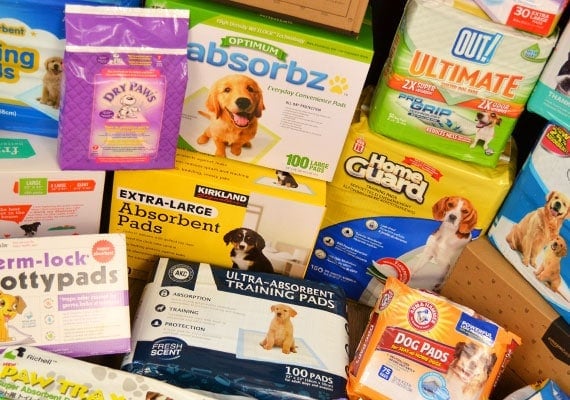 Some of the different boxes of pee pads that we tested and reviewed