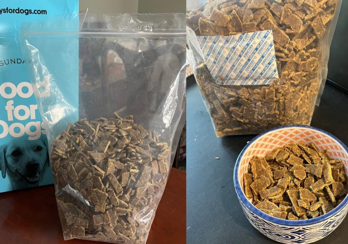 Sundays for Dogs food in a clear bag and in a bowl.