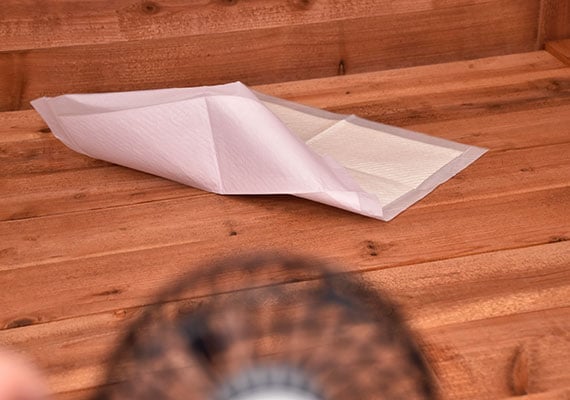Testing pee pads ability to stay flat in the wind with a handheld fan