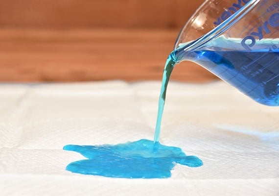 Pouring blue liquid on a pee pad