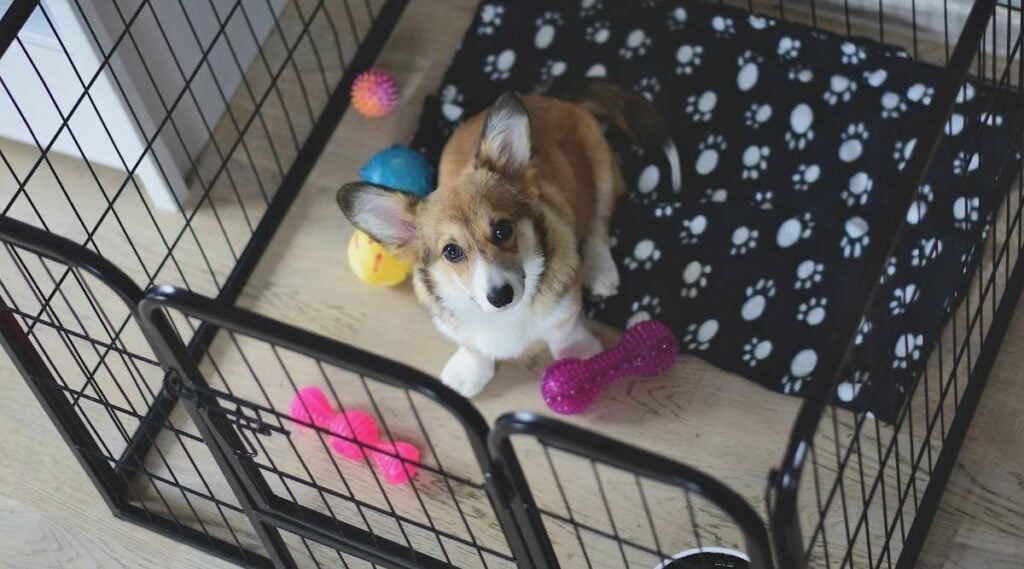 Corgi in crate with toys.