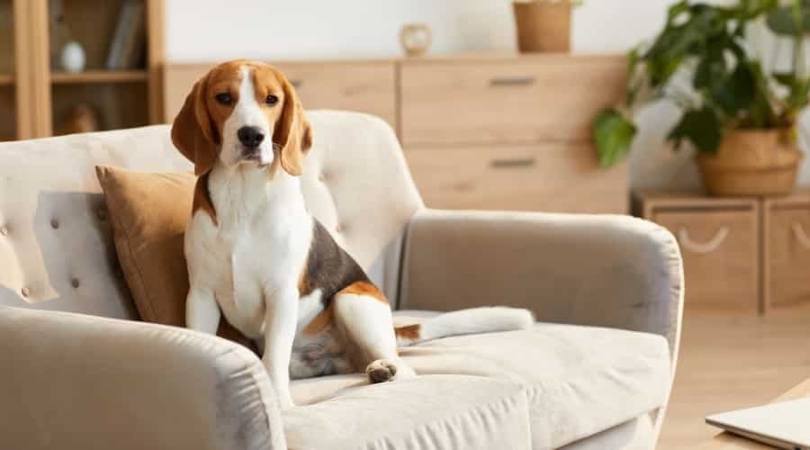 White Tan and Black Dog Sitting on a Sofa