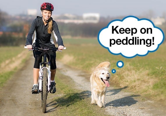 Woman exercising on bicycle while golden retriever runs alongside her on dirt path