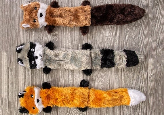 Skinny Paws no stuffing Fox, Raccoon and squirrel plush toy compared side by side