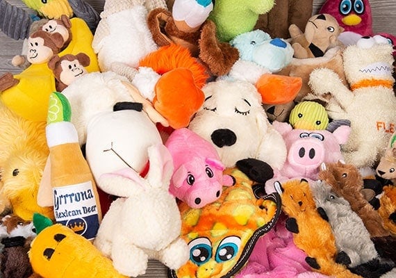 A pile of plush toys and stuffed animals for dogs ready to be tested and reviewed