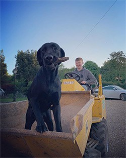 Tom Hunt & Baggy Black lab in farm equipment playing with bone