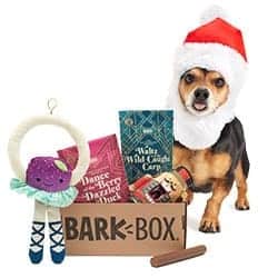 Bark Box Gift with Dog In Santa Outfit