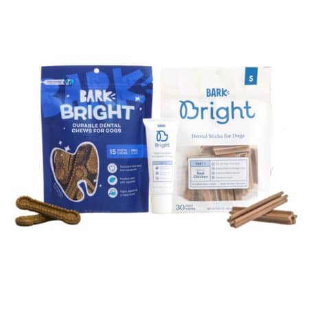 Bark Bright dental chews and toothpaste.