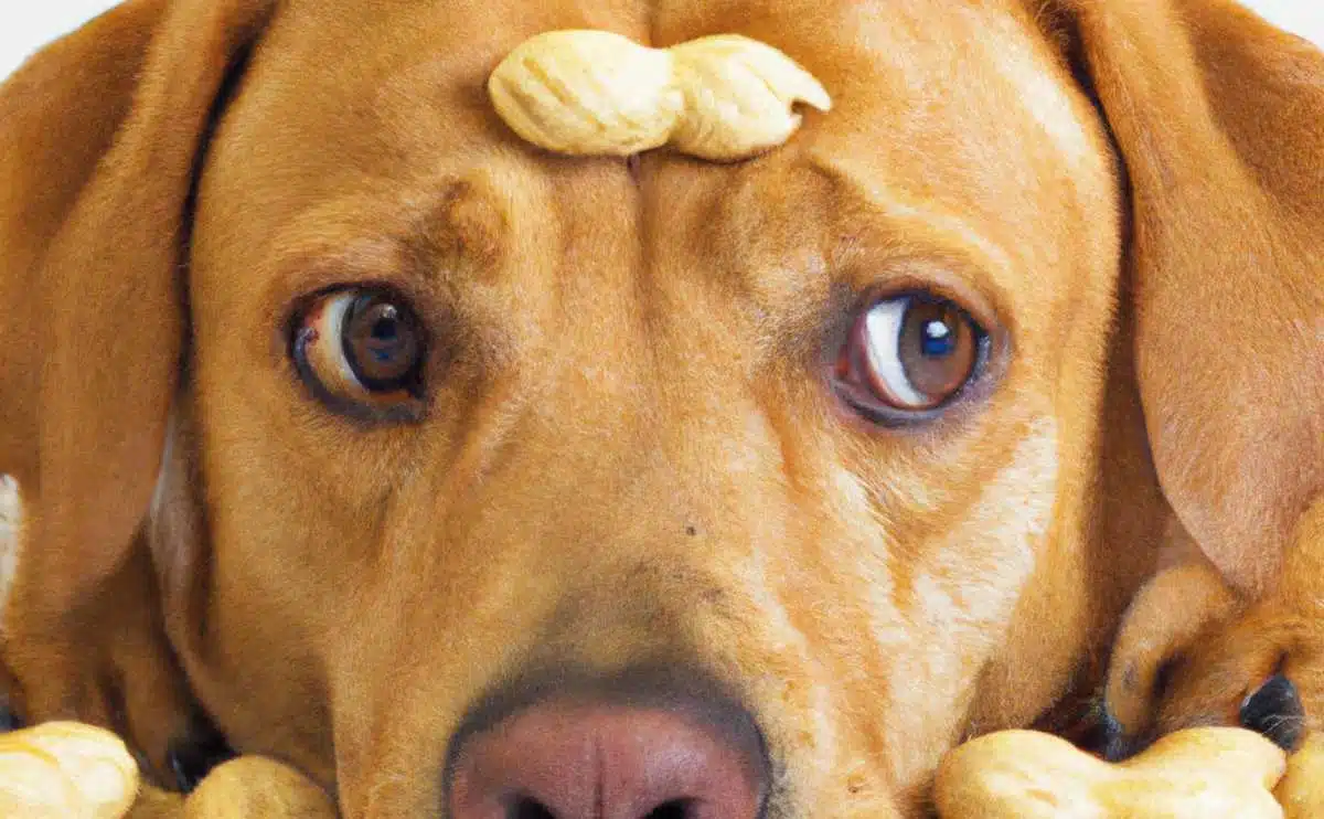 big brown dog with peanuts on head and next to snout