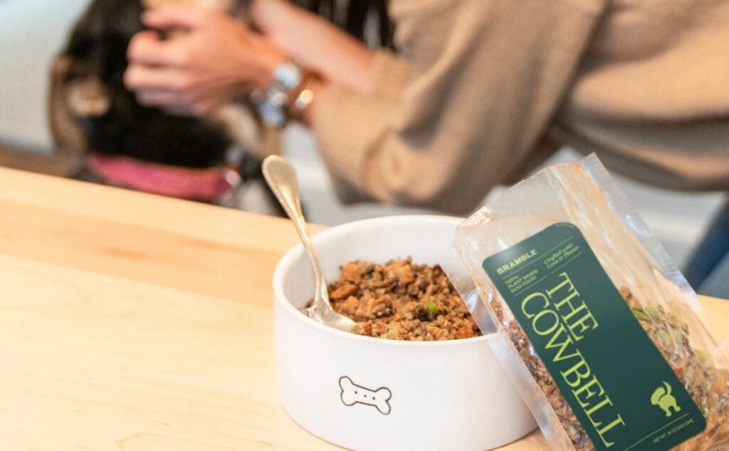Bowl of bramble dog food on counter.