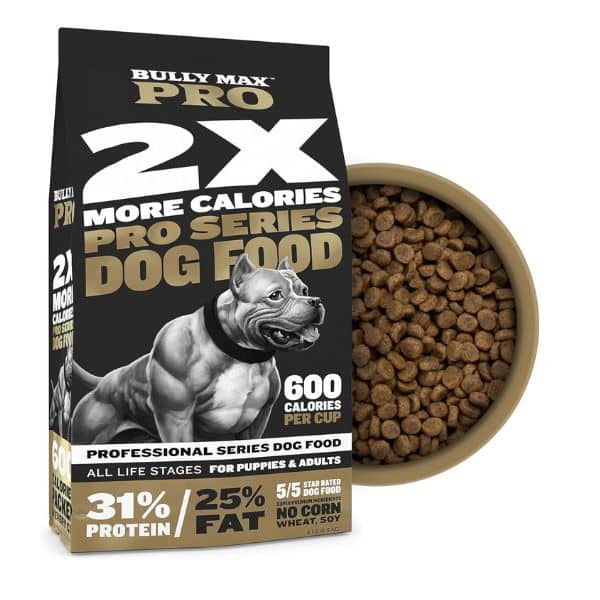 Bully Max muscle gain kibble dog food.