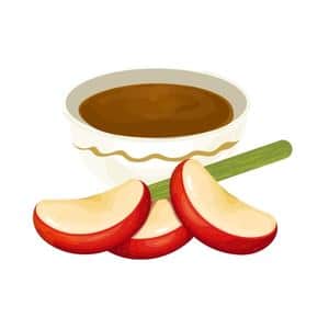 Apple slices, greenie stick and bowl of broth