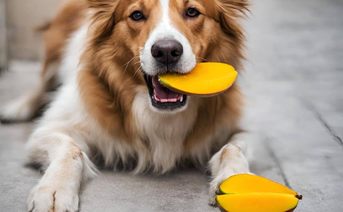 collie dog laying down with mango in mouth