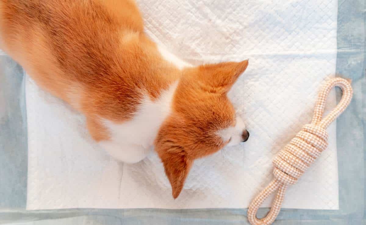 corgi on top of pee pad with toy overhead shot.