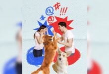 Couple fighting with two dogs.