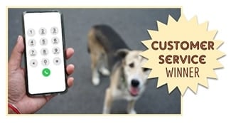 Person holding phone next to dog (Caption: Customer Service & Reputation Winner)