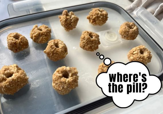 Homemade pill pockets lined up on a plastic storage container.